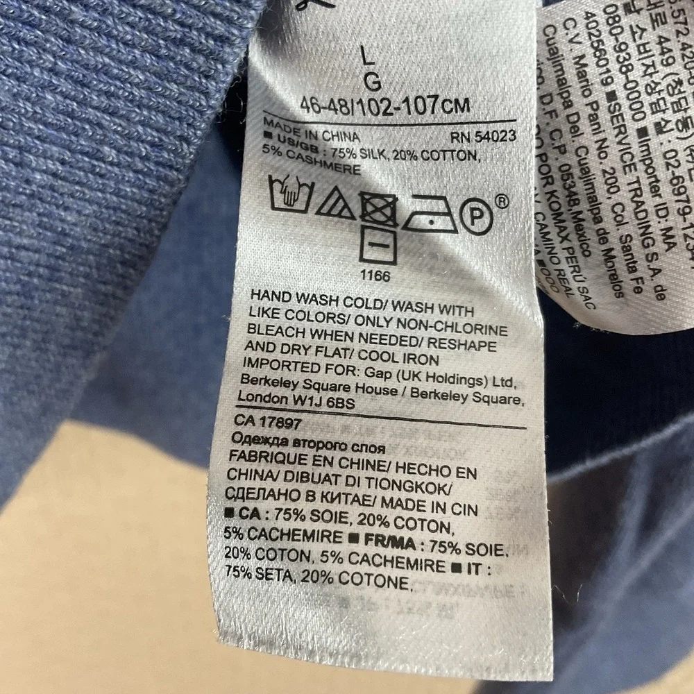 Banana Republic Mens Large Blue V-Neck Luxury Blend Sweater Cashmere Silk Cotton
